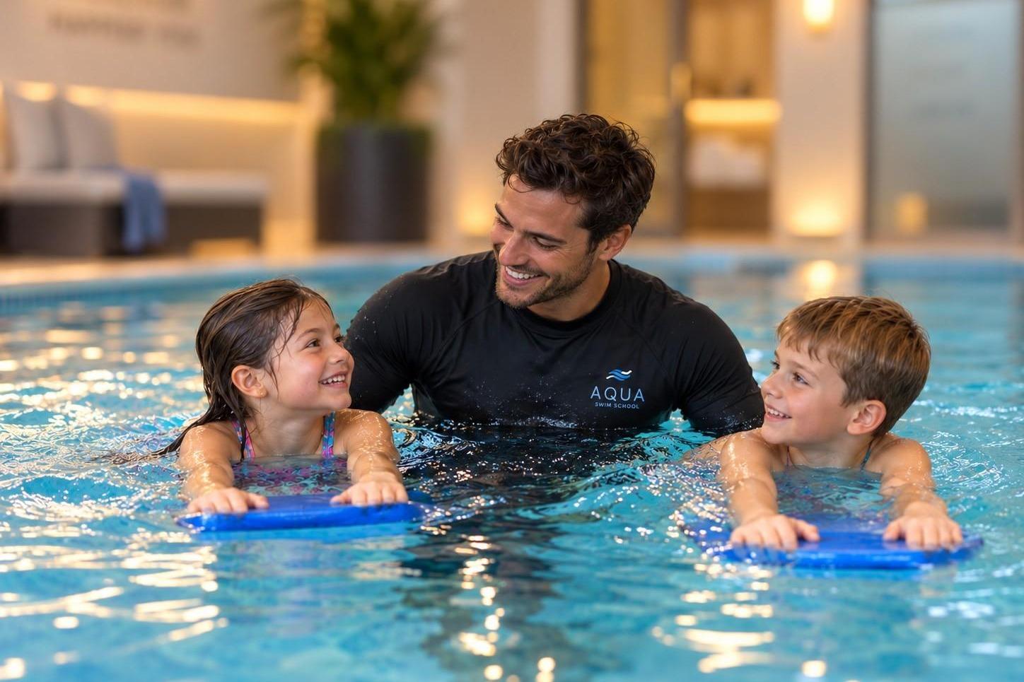 Zwei Kinder beim privaten Schwimmunterricht in der Schwimmschule Walkm&uuml;hltal in Wiesbaden